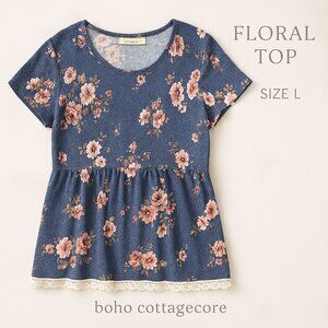 Rewind Blue Floral Lace Trim Top L — Boho Cottagecore Blouse